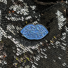 Load image into Gallery viewer, Gender bender blue glitter enamel pin from Queen On The Scene. Blue lips with blue glitter.