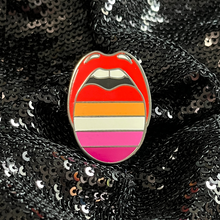 Load image into Gallery viewer, Lesbian pride flag enamel pin features the lesbian sunset colors.

