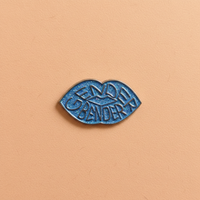 Load image into Gallery viewer, Gender bender blue glitter enamel pin from Queen On The Scene. Blue lips with blue glitter.
