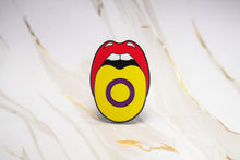 Load image into Gallery viewer, Pin features the intersex pride flag. Placed on a tongue design.