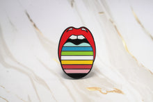 Load image into Gallery viewer, Queer pride flag colors on the signature Queen On The Scene tongue design.