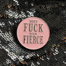 Load image into Gallery viewer, Round pink glitter enamel pin from Queen On The Scene. 
