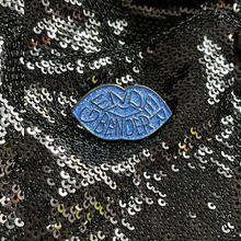 Load image into Gallery viewer, Gender bender blue glitter enamel pin from Queen On The Scene. Blue lips with blue glitter. 
