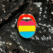 Load image into Gallery viewer, Pansexual pride flag enamel pin from Queen On The Scene features the pansexual pride flag colors on a high-quality enamel design.
