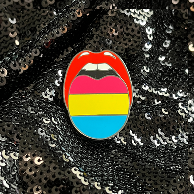 Pansexual pride flag enamel pin from Queen On The Scene features the pansexual pride flag colors on a high-quality enamel design.