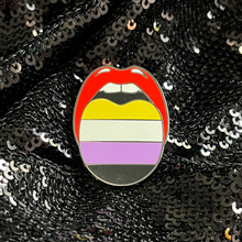 Load image into Gallery viewer, Nonbinary pride flag enamel pin from Queen On The Scene.
