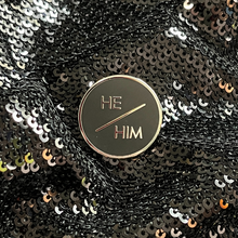 Load image into Gallery viewer, He/him pronoun pin that&#39;s round, sleek and professional from Queen On The Scene.

