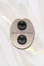 Load image into Gallery viewer, Textured backing with a Queen On The Scene Backstamp. Two secure prongs with Rubber fasteners. 
