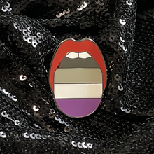 Load image into Gallery viewer, Asexual Pride Flag Pin to show your ace pride. Features the Queen On The Scene tongue design and ACE Pride Flag.
