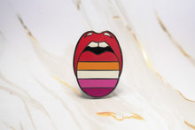 Load image into Gallery viewer, Lesbian sunset pride pin with multicolor pride flag with red, orange, white, pink, and dark pink.
