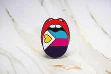 Load image into Gallery viewer, Pin features the latest Polyam Pride Flag design (white, light blue, pink, purple) with a yellow heart on the tongue.
